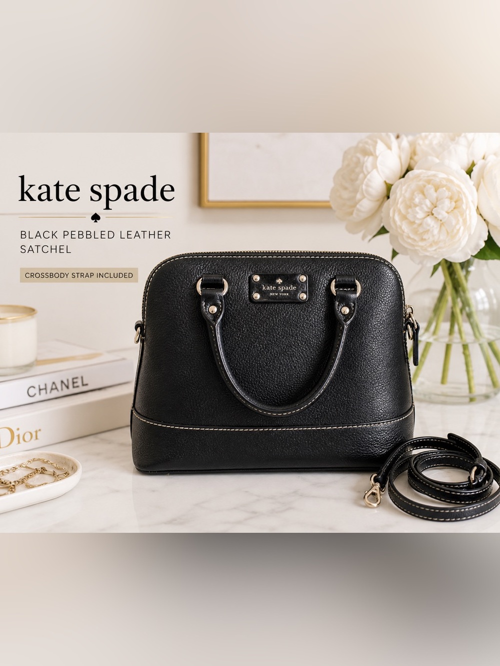 kate spade Black Pebbled Leather Satchel Bag Pink Interior Top Handle Purse